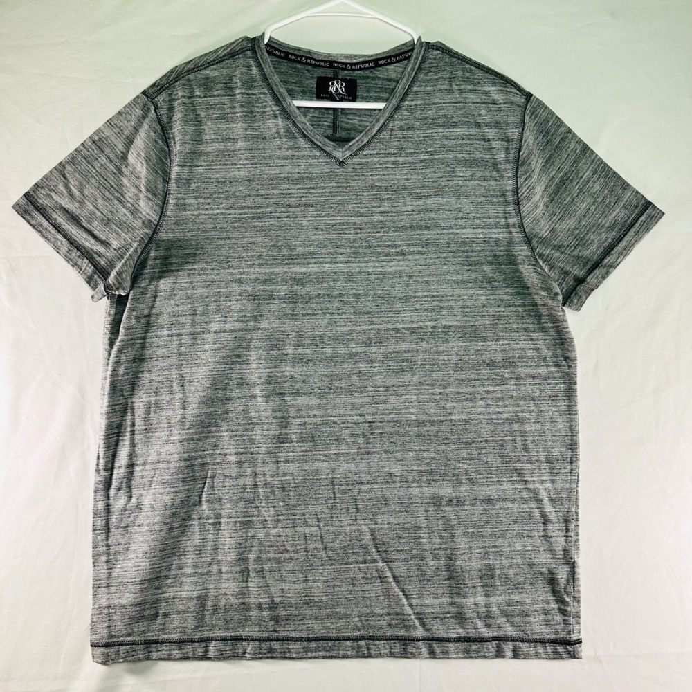 Rock & Republic Mens XL V-neck T-shirt Gray Y2K Cotton Poly‎ Blend